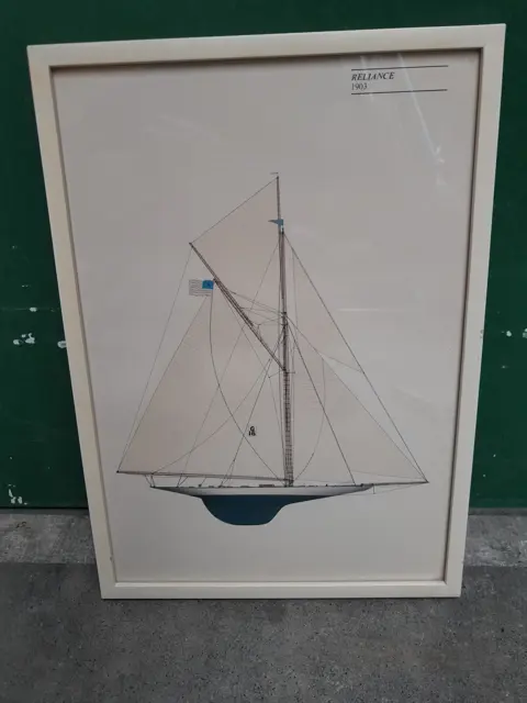 Vintage America's Cup Yacht Reliance 1903 Zeilboot Lithografie Print Ingelijst