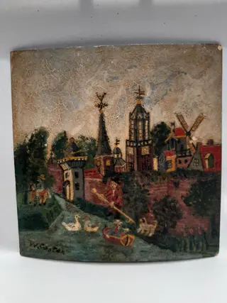 Klein naïef schilderij op paneel - Utrecht - molen - W. Coster - 30s