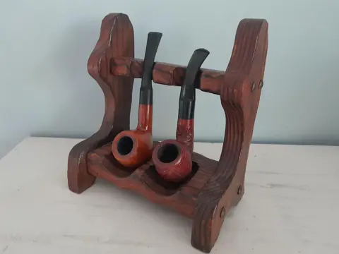 vintage wooden pipe rack with 2 pipes - brutalist