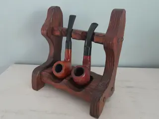 vintage wooden pipe rack with 2 pipes - brutalist