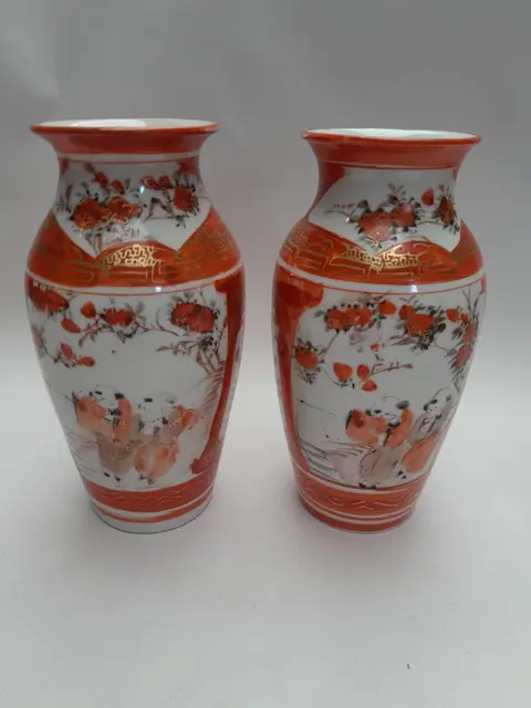Small Japanese Kutani Vase Orange and White - set of 2