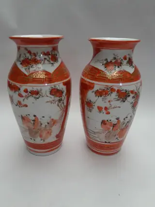 Small Japanese Kutani Vase Orange and White - set of 2