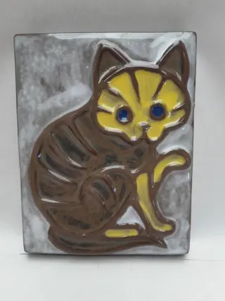 vintage tegel keramiek met poes - kat decoratie - mid century