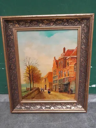 Original oil painting on wood. Historic Dutch street scene