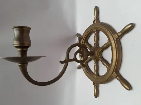 Vintage brass ship wheel candle - wall mount