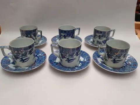 Vintage Oriental Porcelain Demitasse Coffee Cup Saucer Birds Swallows - set of 6