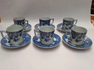 Vintage Oriental Porcelain Demitasse Coffee Cup Saucer Birds Swallows - set of 6