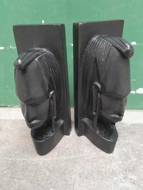 Vintage African Wood Heads Bookends Heavy Hardwood - set of 2