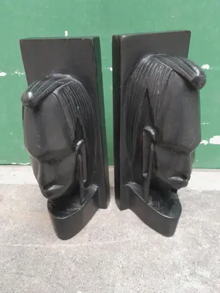 Vintage African Wood Heads Bookends Heavy Hardwood - set of 2