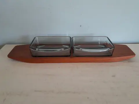Danish Modern Teak Serving Tray with Glass Bowls, Denmark, 1960s