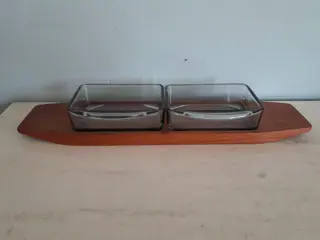 Danish Modern Teak Serving Tray with Glass Bowls, Denmark, 1960s