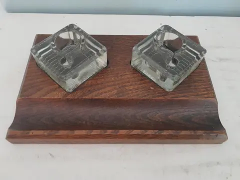 art deco inktpot inktstel - Engeland - Veloa - glas - eiken hout