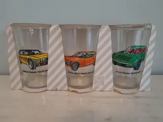 3 vintage auto glazen - Maserati Kyalami - Datsun 260Z - Lancia Stratos