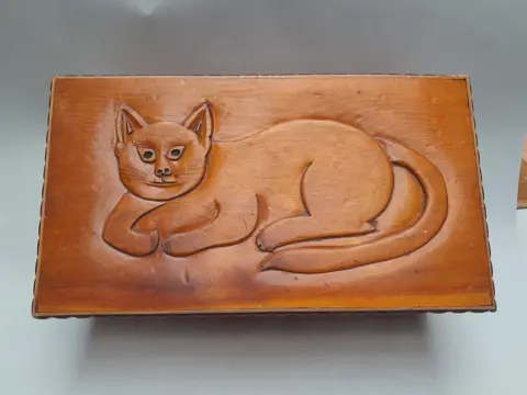Vintage small wooden table or stand with cat - woodcarving