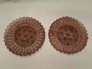 Vintage Albanian folk metalwork lace copper filigree floral wall hanging Plate 1960s - set of 2