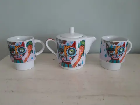 Michelle Allen katten set porseleinen theepot en 2 kopjes - Enesco Frankrijk