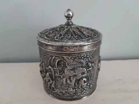Vintage Nederlands verzilverd thee blikje door H. Hooykaas - DE