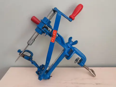 Antique Cast Iron, blue, Hand Crank Fruit, Potato Peeler, Corer, 1950's Pefra Triumpf, Apple, Peach Peeler, Grandmas Kitchen, Germany