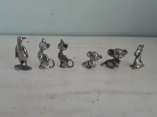 set van 6 tinnen beeldjes - kat hond muis en pinguïn