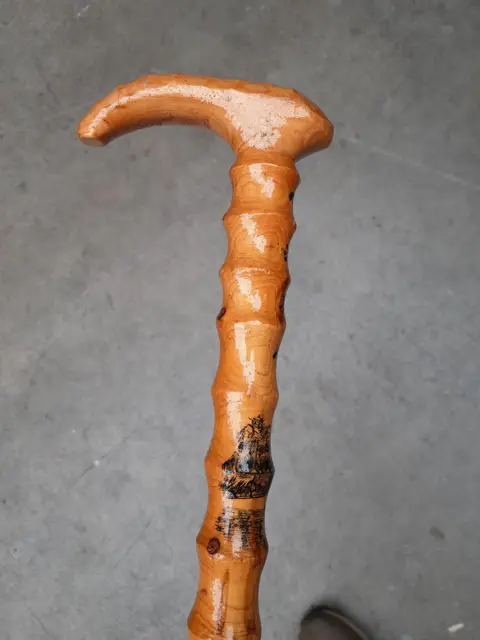 Antique signed Chinese wood cane with painted scene