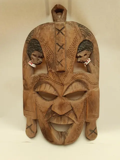 Vintage Afrikaanse kunst houten masker Jambo Kenia handgesneden
