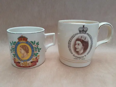 set of 2 Queen Elizabeth II  Coronation Anniversary mugs 1953