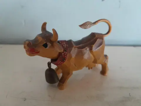Vintage Celluloid Bobble head Cow Figurine with bell - Alpine - Swiss