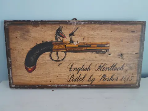Vintage houten paneel F. Conz - English flintlock pistol by Parker 1815