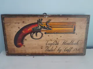 Vintage houten paneel F. Conz - English flintlock pistol by Cuff 1810