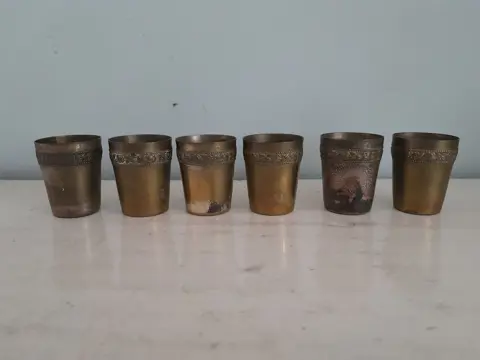 Vintage 1970s brass Vodka Shot Cup Glasses - set of 6