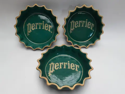 vintage Perrier asbak - Frankrijk - aardewerk - groen - set van 3