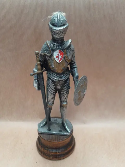Vintage pewter medieval knight in armor with a sword on wooden stand - Malta