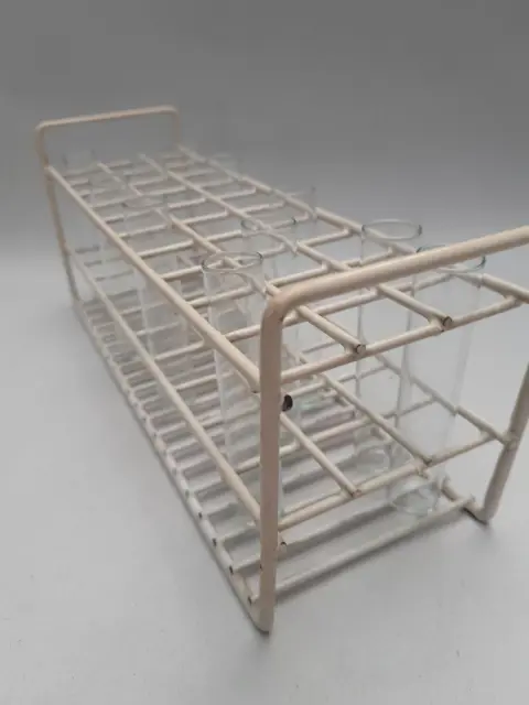 Vintage test tube holder with 11 glass test tubes