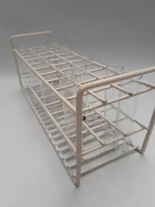 Vintage test tube holder with 11 glass test tubes