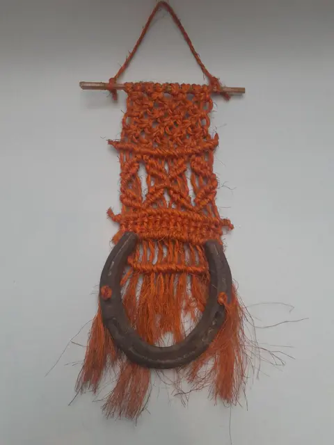 Vintage macrame horseshoe wall hanging decoration 1960s
