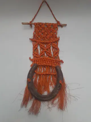 Vintage macrame horseshoe wall hanging decoration 1960s
