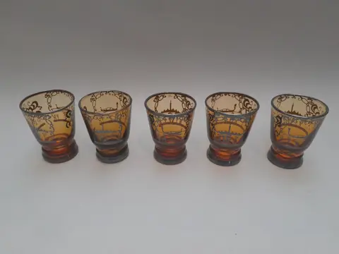 Vintage Amber Glass Cordial Glasses. Silver Overlay - set of 5