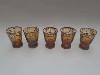 Vintage Amber Glass Cordial Glasses. Silver Overlay - set of 5