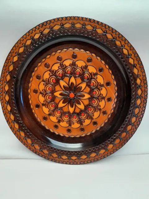 Vintage Eastern Europe hand carved wood plate medallion flower folk art