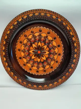 Vintage Eastern Europe hand carved wood plate medallion flower folk art