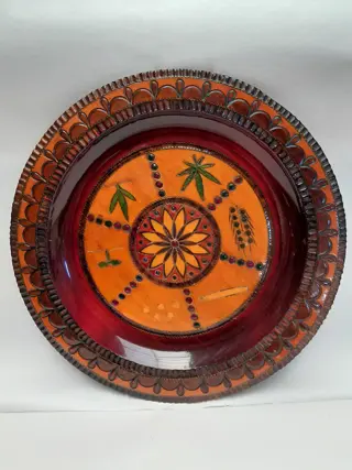 Vintage Eastern Europe hand carved wood plate medallion flower folk - wall art
