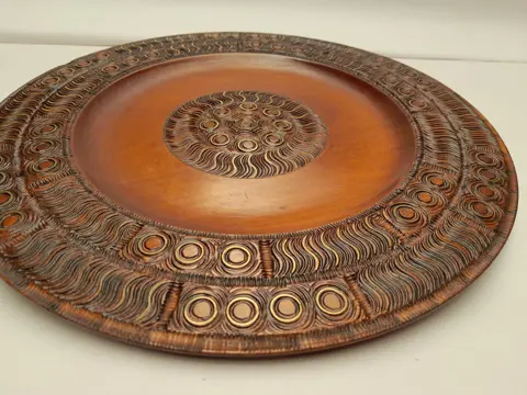 Vintage Eastern Europe hand carved wood plate medallion flower folk art