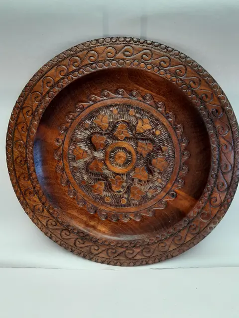 Vintage Eastern Europe hand carved wood plate medallion flower folk art