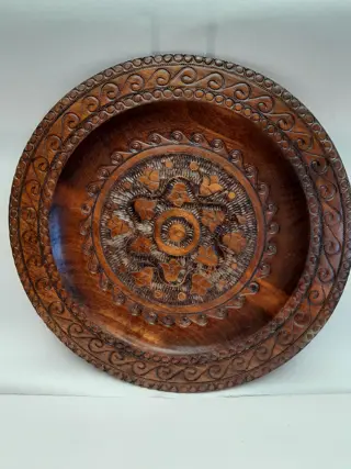 Vintage Eastern Europe hand carved wood plate medallion flower folk art
