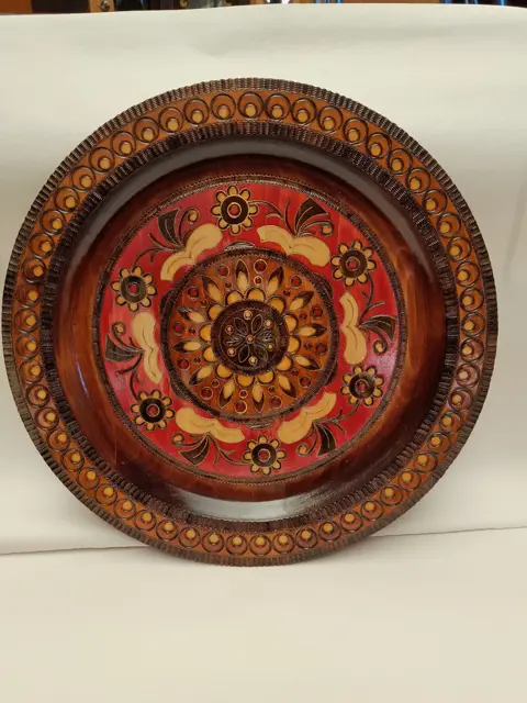 Vintage Eastern Europe hand carved wood plate medallion flower folk art