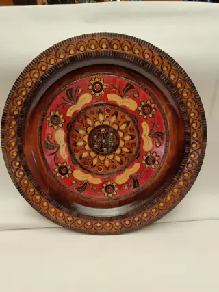 Vintage Eastern Europe hand carved wood plate medallion flower folk art