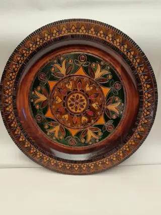 Vintage Eastern Europe hand carved wood plate medallion flower folk art