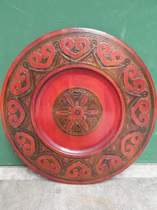Vintage Eastern Europe hand carved wood plate medallion flower folk art
