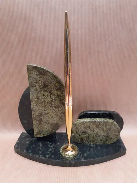 vintage green marble desk organiser - pen holder - enveloppe stand