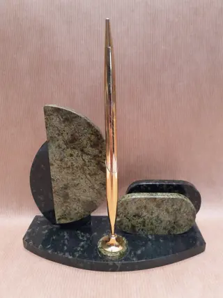 vintage green marble desk organiser - pen holder - enveloppe stand